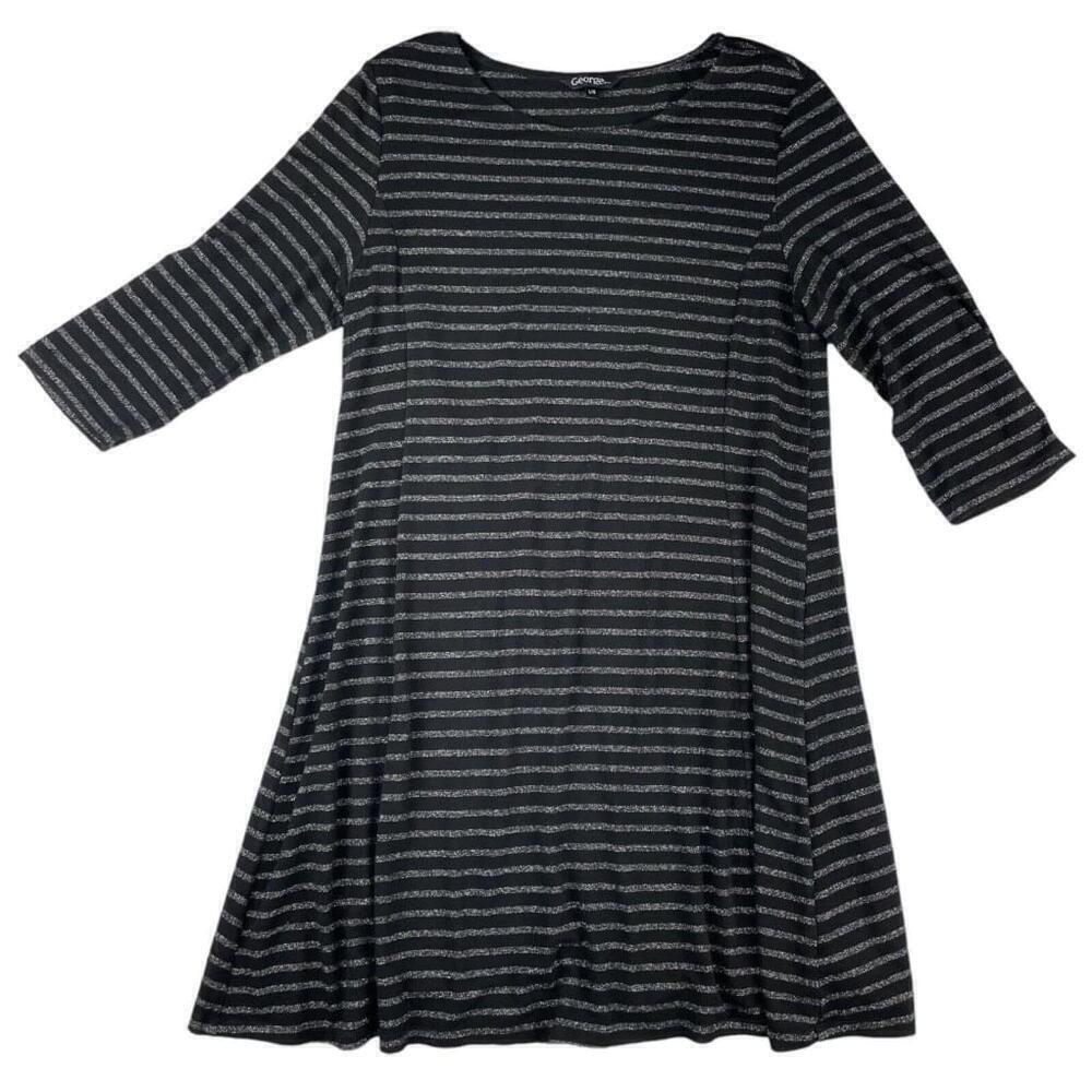 George Dress Womens Large Black Striped Rayon Long Sleeve Round Neck